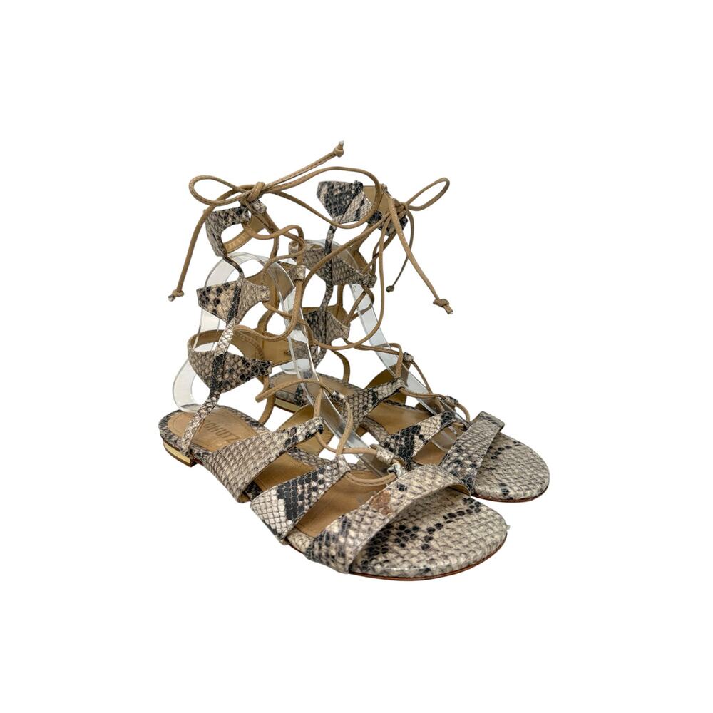 Schutz Erlina Snakeskin Lace Up Gladiator Flat Sandals Beige Tan Leather‎ 8.5